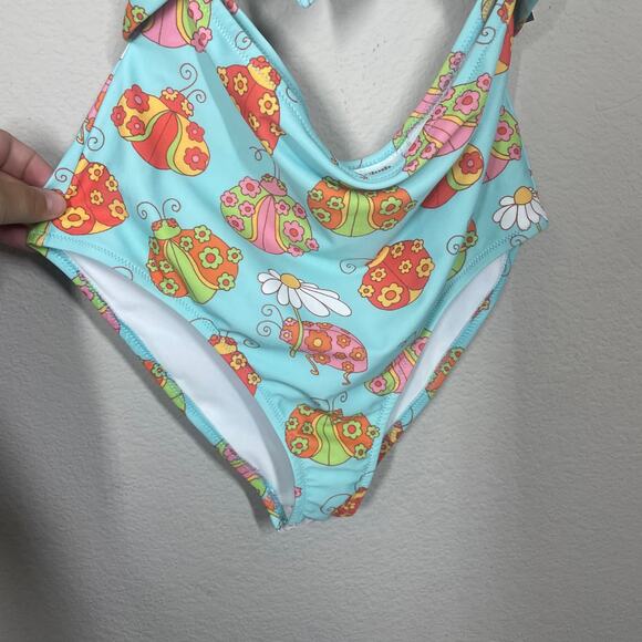 ModCloth Size Large The Siena One-Piece Swimsuit Blue Floral Tie Front Ladybug - Picture 5 of 10